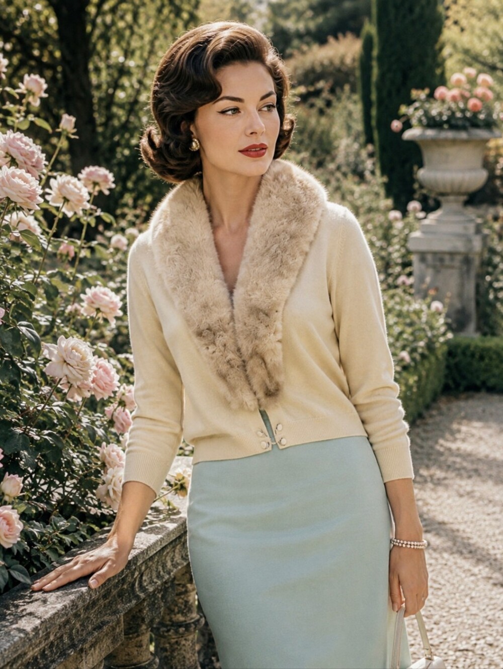 Vtg 50s cream wool cashmere mink fur collar cardigan sweater
